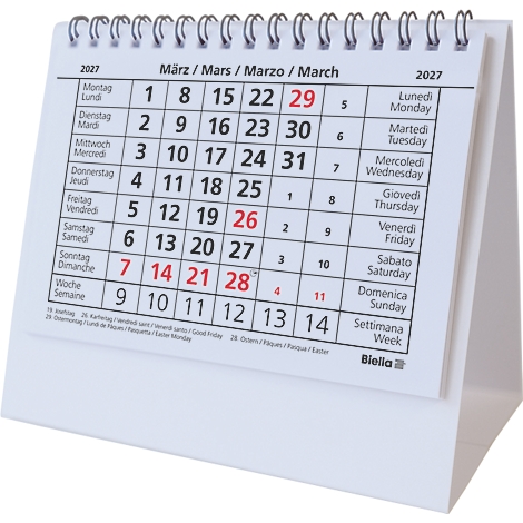 Calendrier de bureau blanc, mars 2027 est ouvert, chiffres en noir, vacances en rouge.