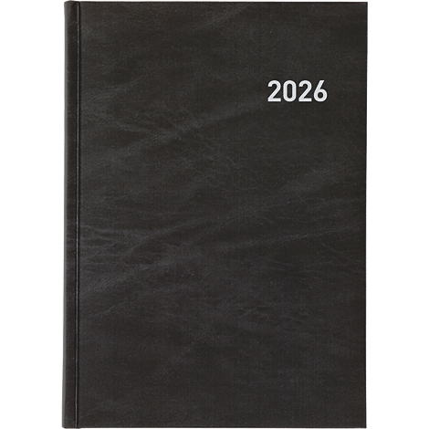 Carnet noir avec l'année blanche 2026. La couverture a une texture semblable à du cuir.