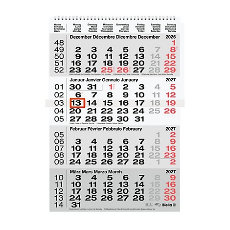 Ein mehrsprachiger Wandkalender, der im Januar 2027 den 13. Tag in einem roten Rechteck hervorhebt.