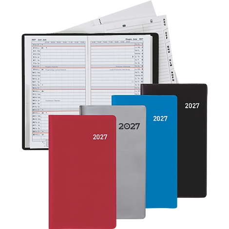 Mehrere Notizbücher 2027 in rot, grau, blau und schwarz. Ein geöffnetes Buch zeigt Kalenderseiten.
