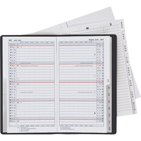 Carnet ouvert avec des pages de calendrier. Des onglets individuels et des feuilles volantes sont visibles.