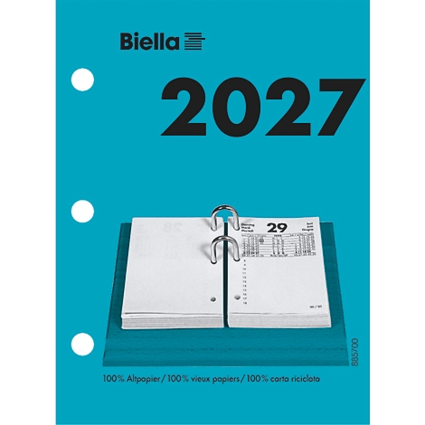 Calendrier bleu-vert 2027 avec des anneaux métalliques. Ouvert le 29e jour. Imprimé Biella, 100% papier recyclé.