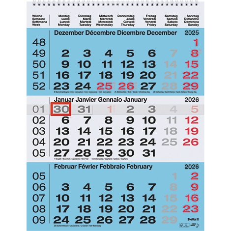 Un calendrier avec une marque rouge sur le 30 janvier 2026. Plusieurs mois sont visibles, avec des désignations de jours et de semaines dans différentes langues.
