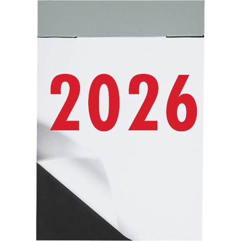Calendrier affichant l'année 2026 en chiffres rouges sur papier blanc. Une bordure noire est visible en bas à gauche.