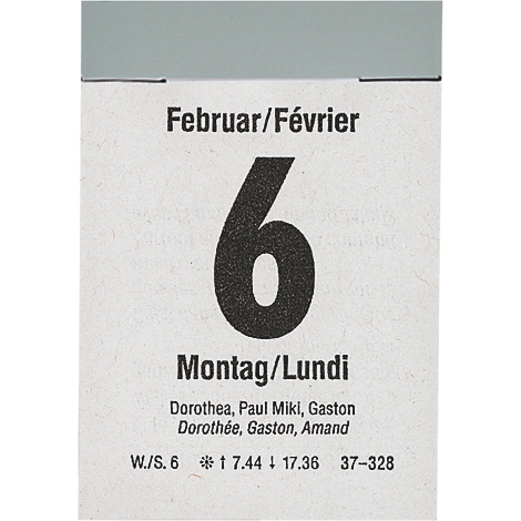 Page de calendrier montrant le numéro 6 et le nom du mois février/février. Le jour est lundi/lundi.