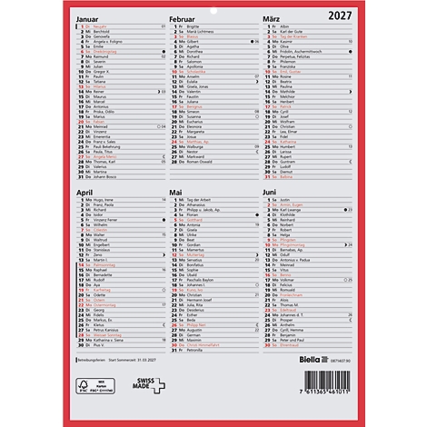 Calendrier pour 2027 avec les mois de janvier à juin. Cadre rouge. Fabriqué en Suisse.