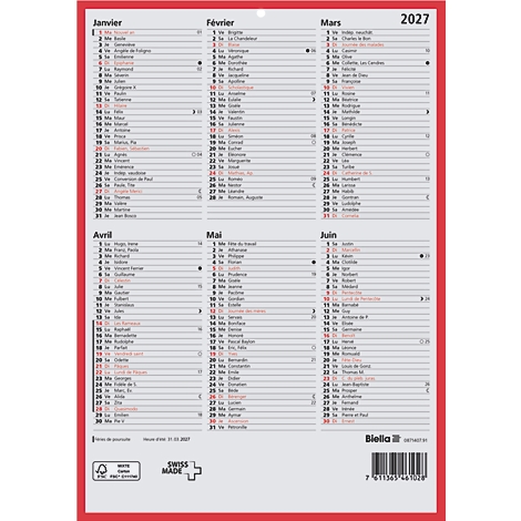 Un calendrier mural gris pour 2027 avec un cadre rouge. Les mois de janvier à juin sont énumérés. Le calendrier porte un drapeau suisse.