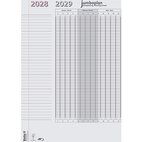 Planificateur gris clair avec les années 2028-2029 et le logo "jumboplan". Les mois et les jours sont affichés en colonnes à droite.