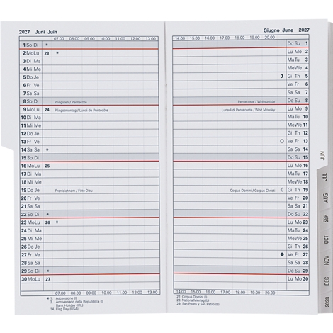 Kalender für Juni 2027, Doppelseite geöffnet. Links die Monate, rechts die Tage mit Uhrzeiten. Rote Linien trennen die Wochen.