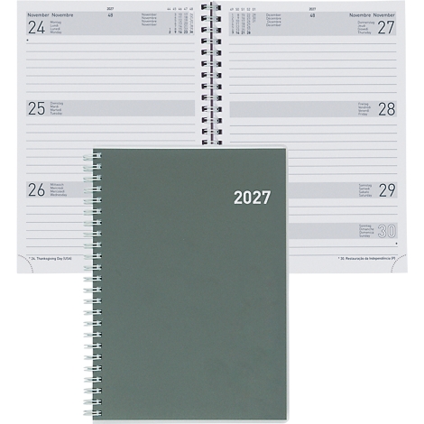 Grauer Terminkalender mit dem Jahr 2027 auf dem Cover, Spiralbindung, offene Seiten zeigen das Datum.