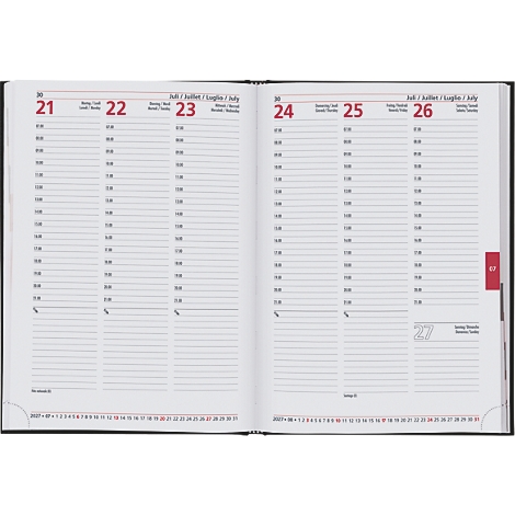 Ein offenes Notizbuch mit Zeitangaben für die Tage 21, 22, 23, 24, 25 und 26. Die Seiten sind leer, bereit zum Ausfüllen.