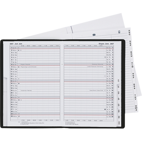 Ein geöffneter Kalender mit schwarzem Rahmen, Tagesübersicht Juni 2021. Daneben Registerkarten mit Buchstaben. 