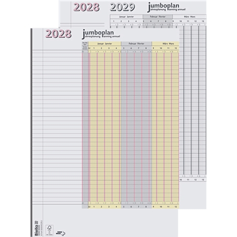 Ein Wochenplaner für 2028 und 2029 mit Tabellen und grauen, gelben und roten Linien. Das Wort "jumboplan" ist zu sehen.