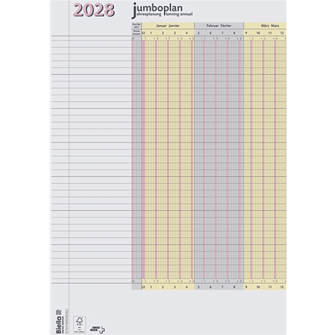 Kalender für 2028. Gelbes Raster mit rosa Linien, graue Spalten. Oben links "2028", rechts oben "jumboplan".