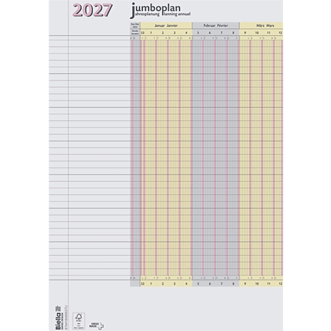 Der Jumbo Planer 2027 zeigt ein Tabellen-Layout für das ganze Jahr, mit farblich markierten Spalten und Rasterlinien.