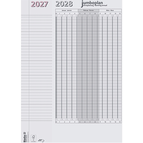 Hellgrauer Kalender für 2027/2028. Links Spalten für Notizen. Rechts Monatsübersicht mit Datum. Oben: 'jumboplan' und Jahreszahlen.