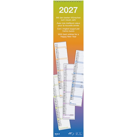 Kalender mit Datumsübersicht 2027 und Neujahrswünschen.