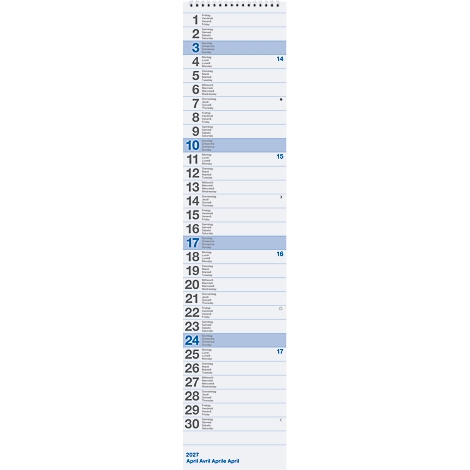 Monatskalender mit Datumsangaben von 1 bis 30. Die Tage sind in einer vertikalen Reihe aufgelistet. Die Tage 3, 10, 17 und 24 sind blau markiert.