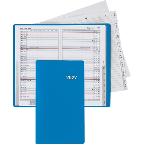 Agenda bleue 2027, ouverte et avec des feuilles volantes, police blanche, sur fond blanc.