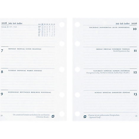 Calendrier avec aperçu hebdomadaire, juillet 2026. Dates du lundi 7 au dimanche 13.