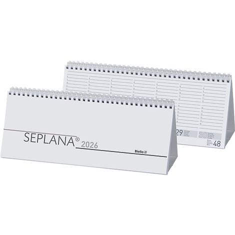 Zwei weisse Tischkalender mit Spiralbindung. Einer zeigt 'SEPLANA® 2026', der andere Tageseinteilung.