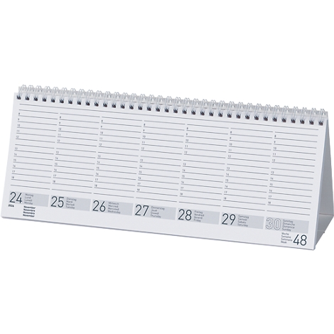 Weisser Tischkalender, Drahtbindung oben, Wochenübersicht. Zahlen von 24 bis 30. Linierte Spalten für Notizen, graue Schrift.
