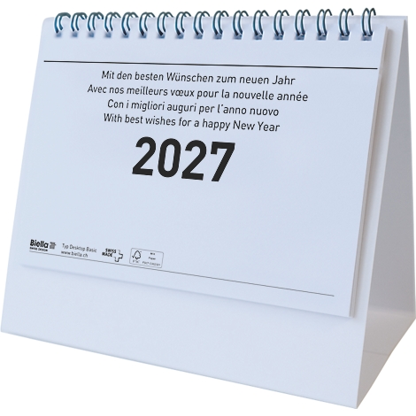 Weisser Tischkalender mit Spiralbindung, Aufschrift "2027". Mehrsprachiger Neujahrsgruss.