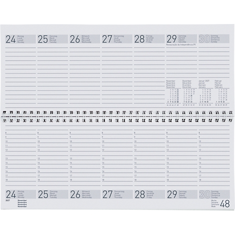 Aufgeschlagenes Notizbuch mit Wochentagen, Linien und einem kleinen Kalender.