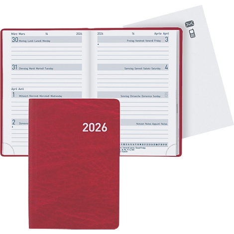 Rotes Notizbuch mit der Jahreszahl 2026. Geöffnetes Buch mit Kalendereinträgen und losem Blatt mit Symbolen.