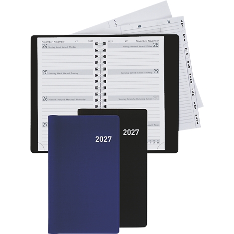 Drei Kalender, einer geöffnet mit Wochenansicht, zwei kleine mit der Jahreszahl 2027. Hintergründe mit Blättern.