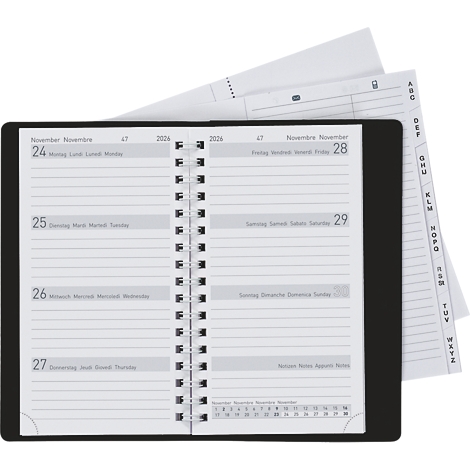 Geöffneter Wochenplaner mit Spiralbindung, der einen Blick auf die Kalenderwoche mit den Daten 24-29. November 2026 zeigt.
