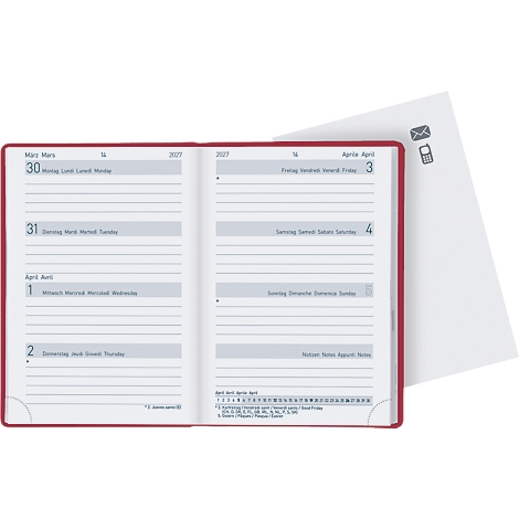 Offenes rotes Notizbuch mit Kalenderseiten. Auf einer Seite sind Daten für Ende März, Anfang April angezeigt. Daneben eine lose Seite mit Symbolen.