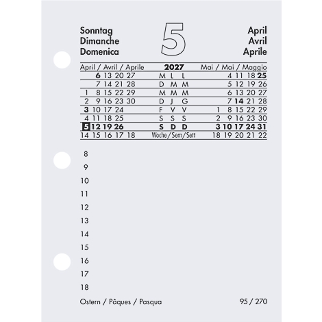 Ein Kalenderblatt von April 2027 mit fett markierten Daten, Zeilen auf Deutsch, Französisch und Italienisch.
