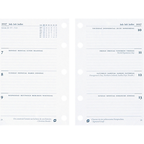 Kalender mit Wochenübersicht für Juli 2027. Enthält Datumsangaben, Wochentage in verschiedenen Sprachen, und Notizen für jeden Tag.