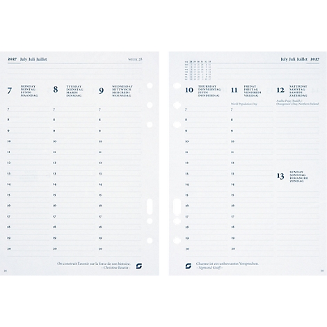 Doppelseitiger Wochenkalender mit Datum vom 7. bis 13. Juli 2017. Leere Spalten für Eintragungen, perforierte Löcher zum Abheften.