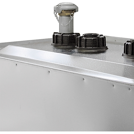 Close-up of a silver tank with black caps and a silver closure with chain.