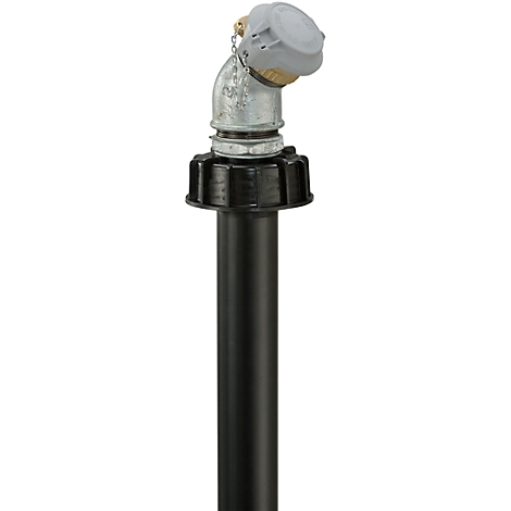 A black pipe with a metal elbow fitting and a grey cap.