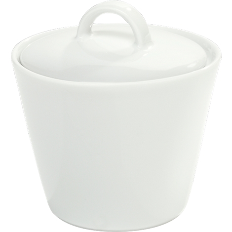 White porcelain sugar bowl with lid and handle.