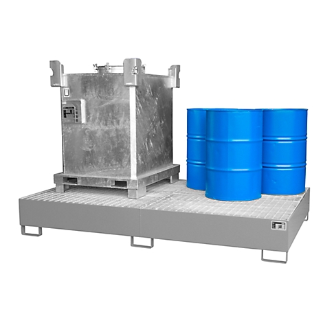 Metal rack with a large container and blue barrels against a white background.