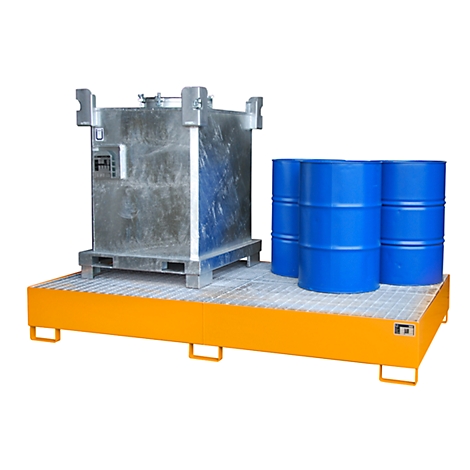 Metal container and blue barrels on a yellow pallet.