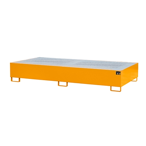 Yellow spill containment pallet. Rectangular, with perforated plate. Four feet, carrying devices on the sides.