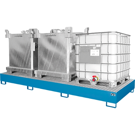 Metal containers on blue platform. Two square tanks and a white tank with grid structure.