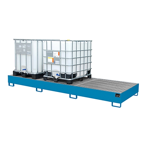 Two white IBC containers on a blue steel tray. The containers are enclosed in a metal frame.