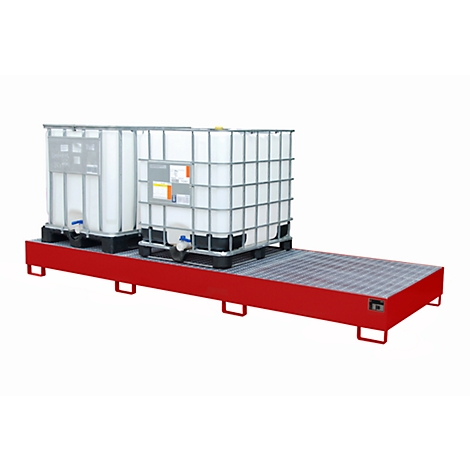 Two large white IBC containers on a red spill containment pallet. The containers are enclosed by a metal frame.