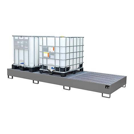 Two white IBC containers on a gray spill containment pallet. The containers are enclosed by a metal frame.