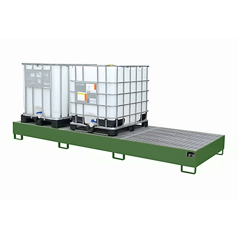 Two white IBC tanks with metal frames are placed on a green spill containment pallet against a white background.