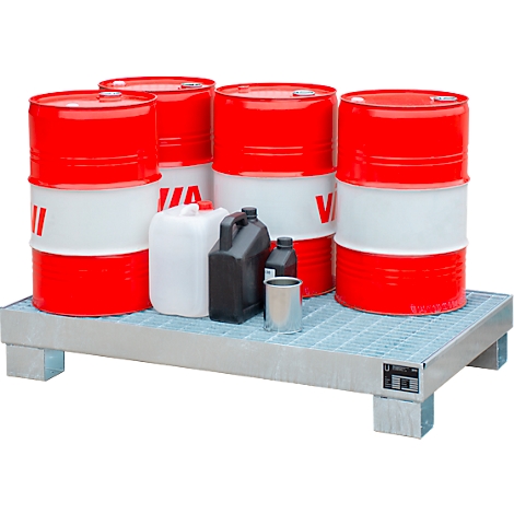 Metal pallet with red and white barrels, black and white canisters. Inscription: V.