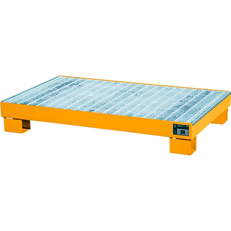 Yellow metal spill pallet with grid. Four rectangular feet, standing in empty space.