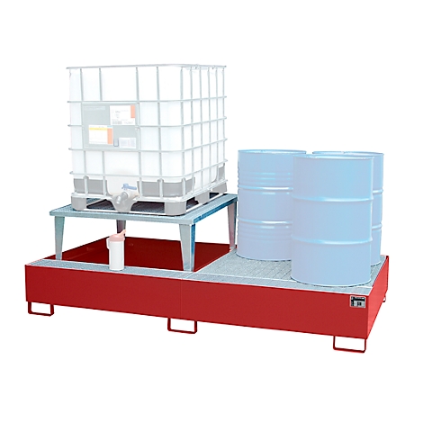 A red spill containment unit holding a white liquid container and barrels.