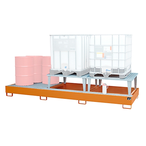 An orange spill containment, with light blue racks holding two transparent tanks and three pink barrels. A cup stands on the ground.